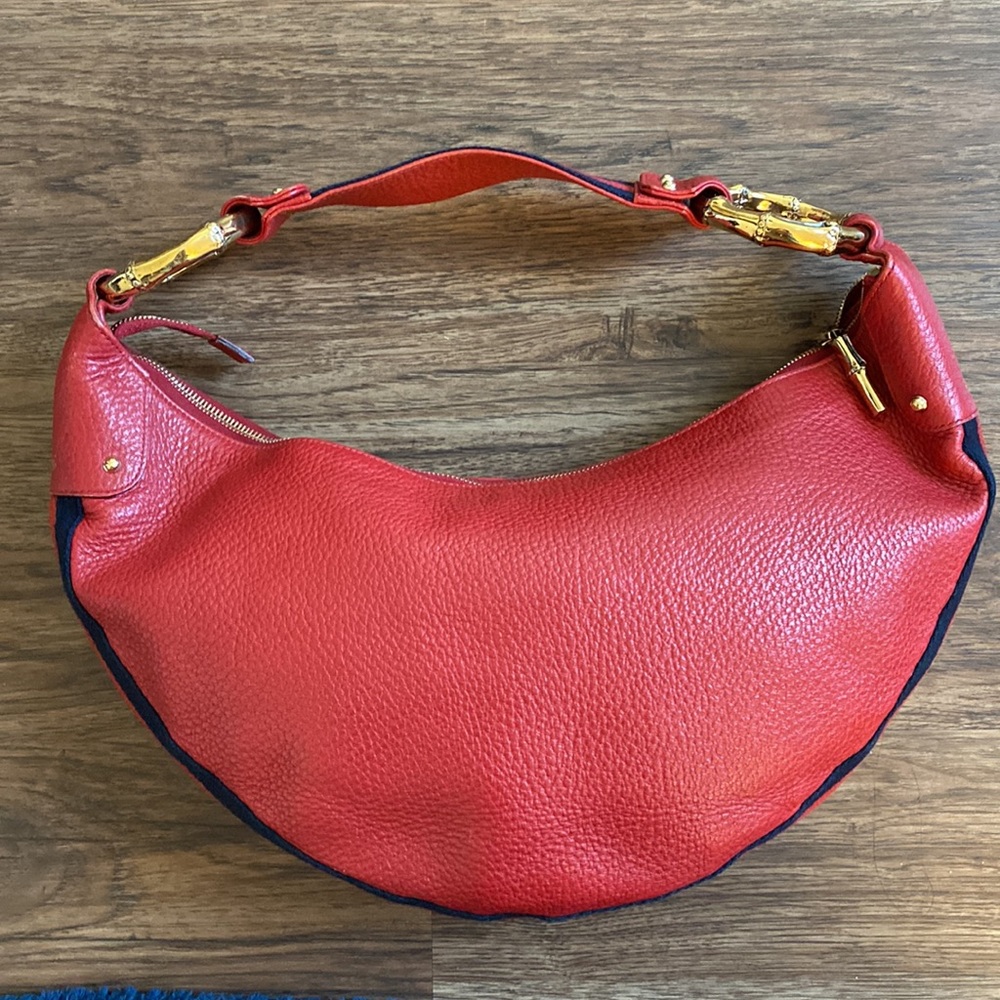 Gucci Pebbled Leather Bamboo Ring Hobo Bag Red